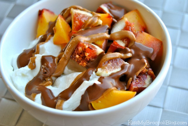 Greek Yogurt Peaches Figs Chocolate Coconut Peanut Butter & Healthy Chocolate Sauce