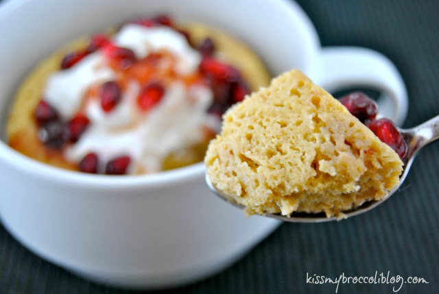 Peanut Butter Mug Cake with Greek Yogurt, Pomegranate & Jam  www.kissmybroccoliblog.com