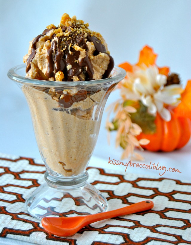 Pumpkin Protein Ice Cream - Who says pumpkin has to be reserved JUST for fall time treats Enjoy this protein-packed snack ANY time of year! www.kissmybroccoliblog.com