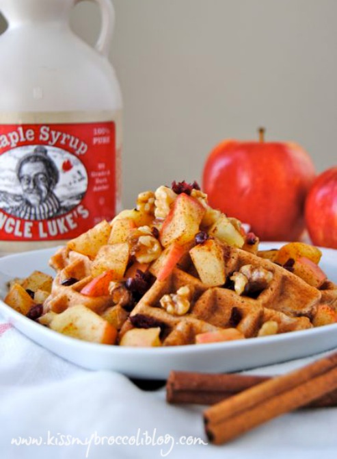 Apple Cinnamon Waffle for ONE! A soft and chewy waffle bursting with the warm flavors of apple and cinnamon topped with toasted walnuts! Get the recipe at www.kissmybroccoliblog.com