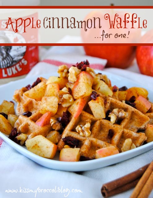 Apple Cinnamon Waffle for ONE! A soft & chewy single-serving waffle topped with toasted walnuts & warm cinnamon apples! Get the recipe at www.kissmybroccoliblog.com