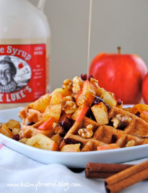 Apple Cinnamon Waffle for ONE! A tender & chewy waffle filled with apple pie spice, topped with toasted walnuts & warm cinnamon apples! Get the recipe at www.kissmybroccoliblog.com