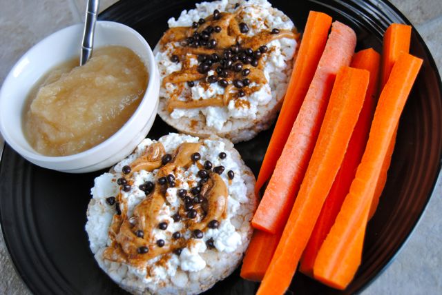 Snack Plate - Rice Cakes with Cottage Cheese, Carrots, Applesauce