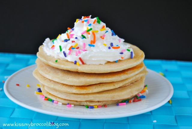 Birthday Cake Protein Pancakes from www.kissmybroccoliblog.com