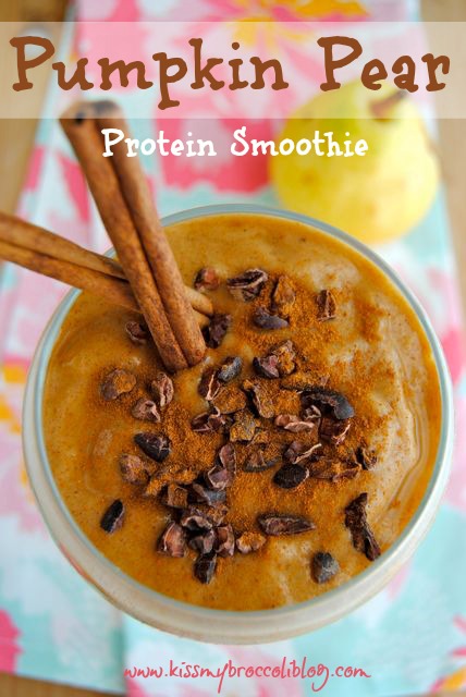 Pumpkin Pear Protein Smoothie - Sweet and spicy fall flavors combine in this ridiculously creamy smoothie that's perfect for refueling during the busy holiday season. Get the recipe at www.kissmybroccoliblog.com!